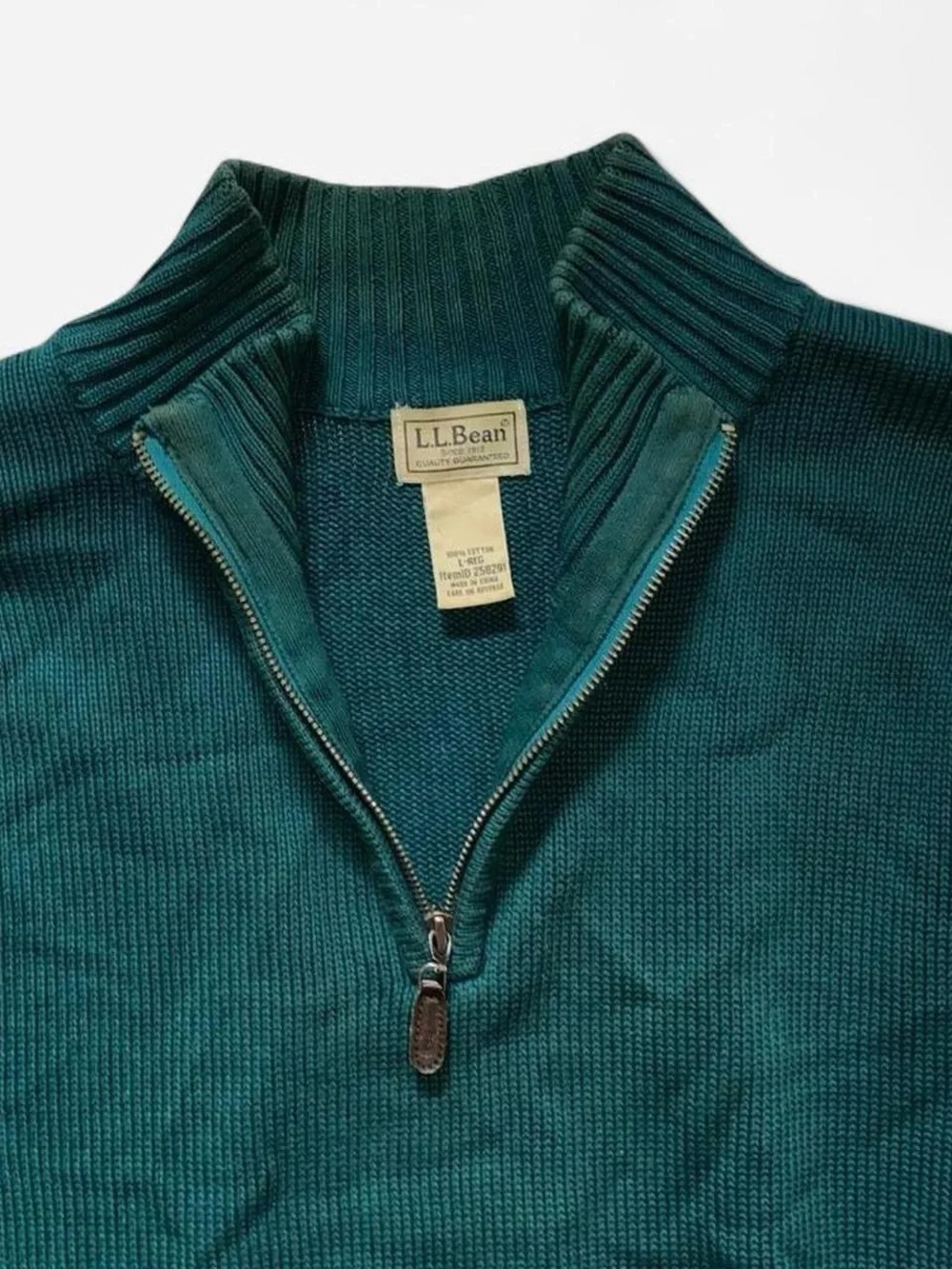 L.L.Bean Half Zip Green‎ Sweater Large Sweatshirt Knit Turtleneck 100% Cotton